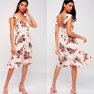 ☀️ LULUS Take a Bow-quet Blush Floral Print Midi Dress Flutter Size Medium Pink